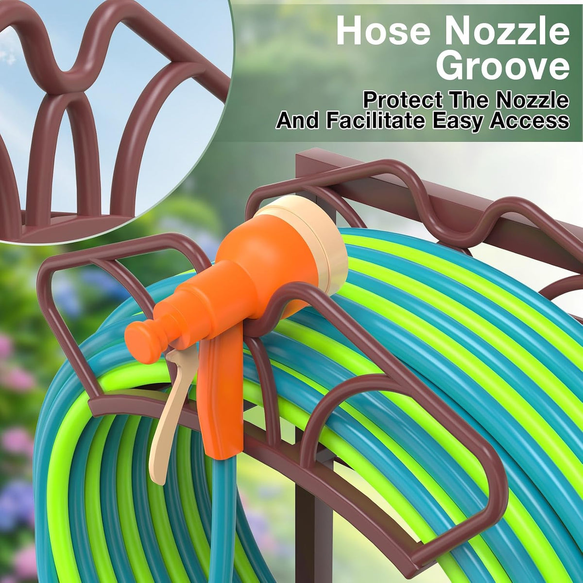 Garden Hose Holder with Large Basket, Heavy Duty Hose Reel, Black