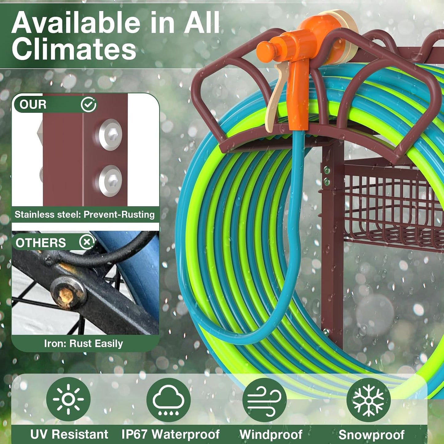 Garden Hose Holder with Large Basket, Heavy Duty Hose Reel, Black