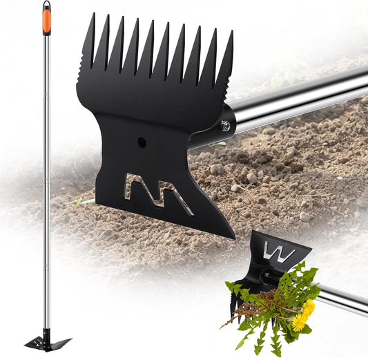 Larger Weed Puller Tool with Long Handle, 2-in-1 Heavy Duty Weed Rake & Hoe
