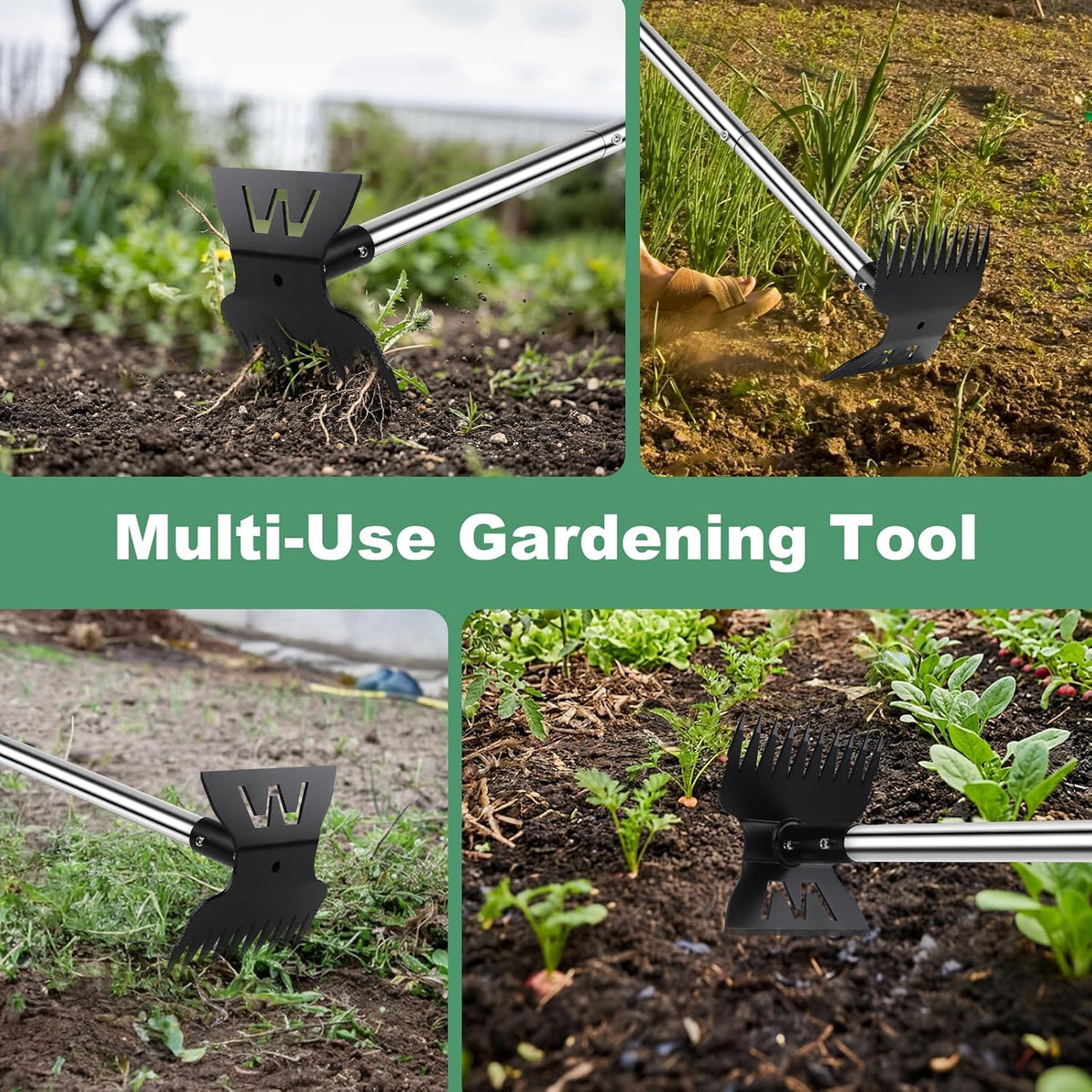 Larger Weed Puller Tool with Long Handle, 2-in-1 Heavy Duty Weed Rake & Hoe