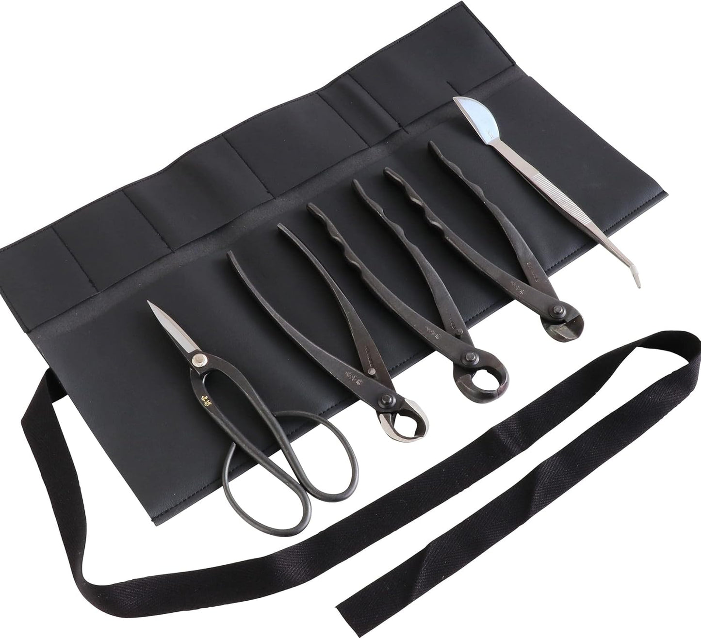 Wazakura Made in Japan 5PCS Bonsai Tool Kit with Roll Bag: Yasugi Steel Twig Bonsai Scissors, Concave Branch Cutter, Knob Cutter, Wire Cutter, Tweezers - 5 Tools Twig Schissor Set with Case…