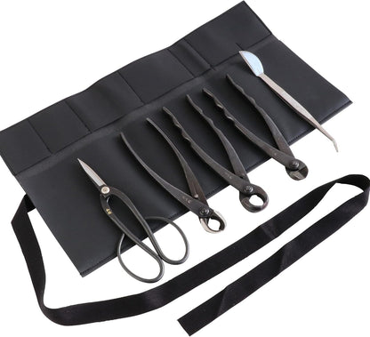 Wazakura Made in Japan 5PCS Bonsai Tool Kit with Roll Bag: Yasugi Steel Twig Bonsai Scissors, Concave Branch Cutter, Knob Cutter, Wire Cutter, Tweezers - 5 Tools Twig Schissor Set with Case…