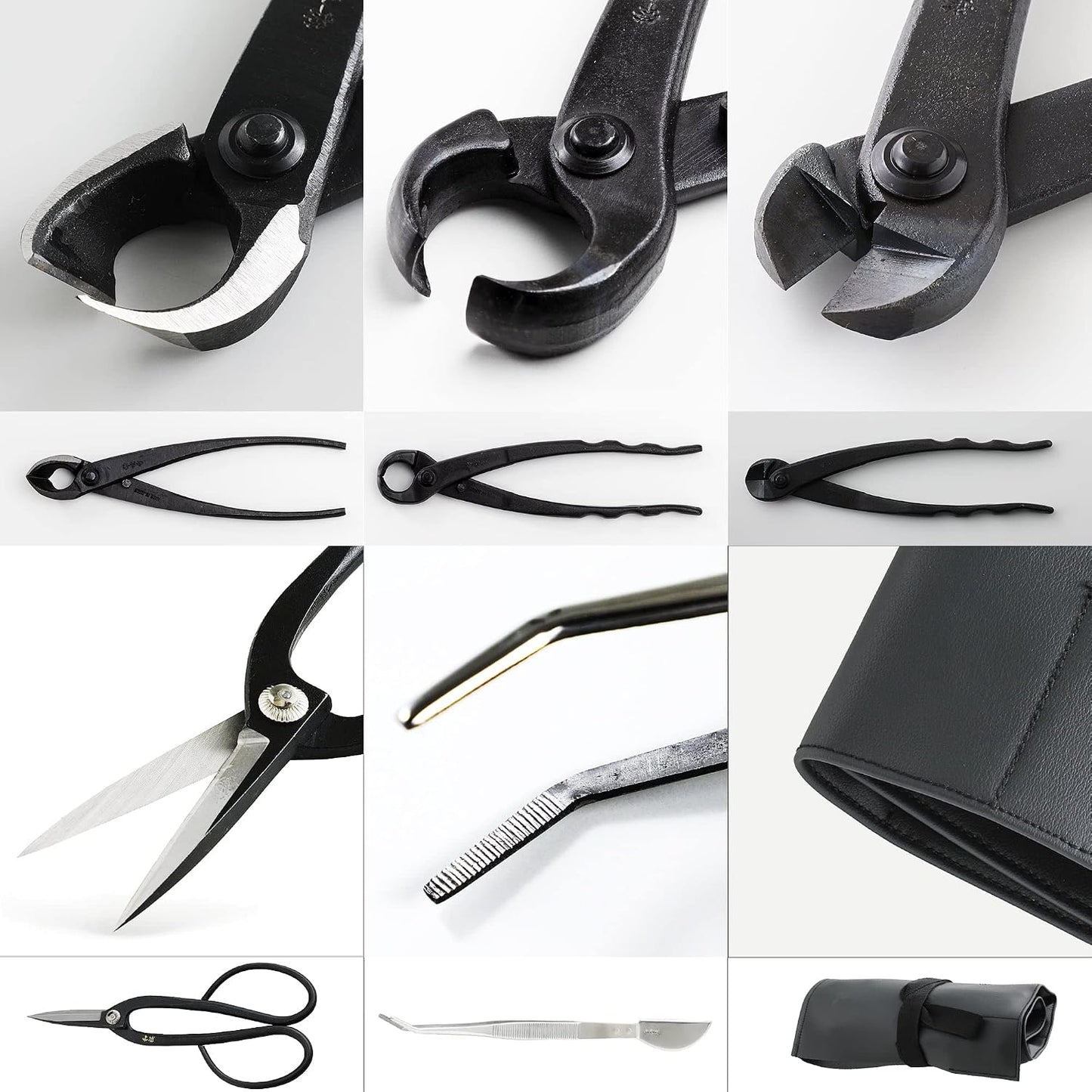 Wazakura Made in Japan 5PCS Bonsai Tool Kit with Roll Bag: Yasugi Steel Twig Bonsai Scissors, Concave Branch Cutter, Knob Cutter, Wire Cutter, Tweezers - 5 Tools Twig Schissor Set with Case…