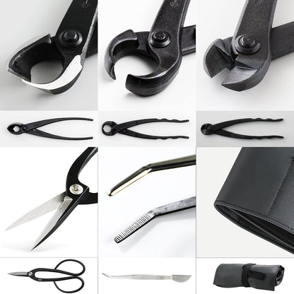 Wazakura Made in Japan 5PCS Bonsai Tool Kit with Roll Bag: Yasugi Steel Twig Bonsai Scissors, Concave Branch Cutter, Knob Cutter, Wire Cutter, Tweezers - 5 Tools Twig Schissor Set with Case…