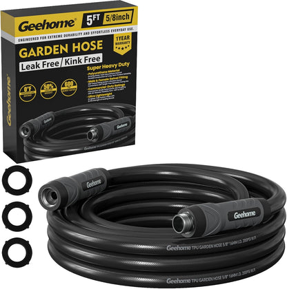 Leader Short Garden Hose, 5 ft x 5/8" Polyurethane Water Hose with Swivel Fittings, Flexible, Lightweight, No-Kink, Leakproof, Burst 600 PSI, Black