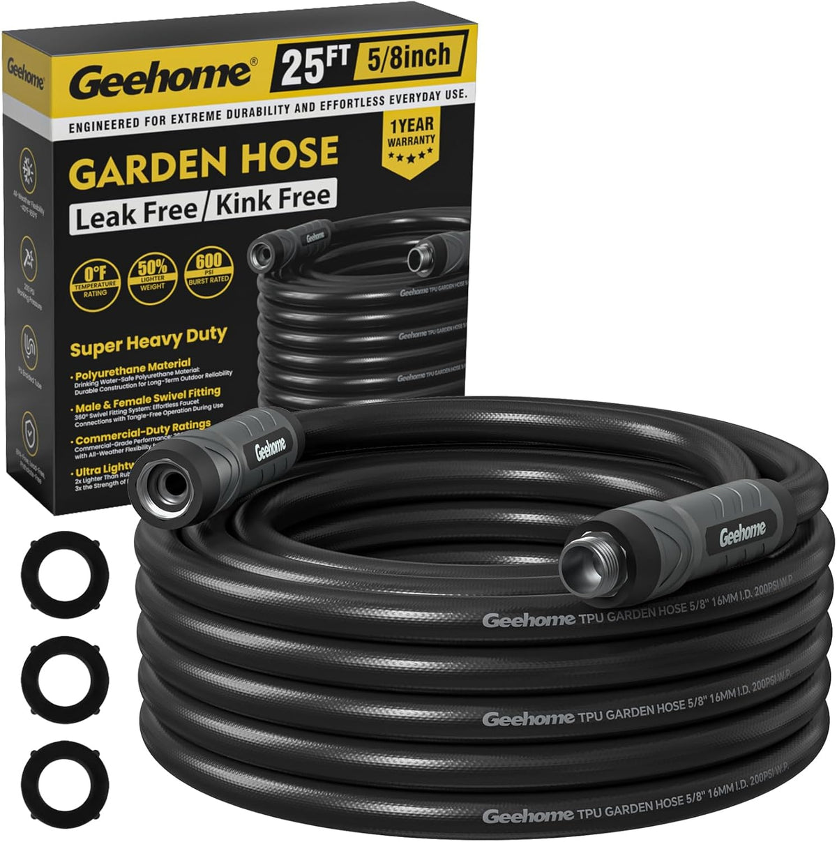 Leader Short Garden Hose, 5 ft x 5/8" Polyurethane Water Hose with Swivel Fittings, Flexible, Lightweight, No-Kink, Leakproof, Burst 600 PSI, Black