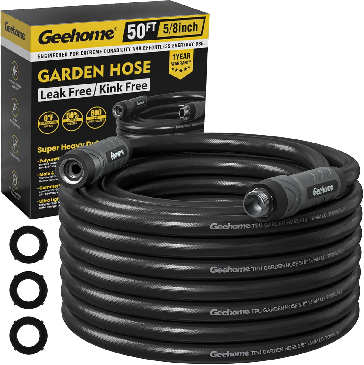 Leader Short Garden Hose, 5 ft x 5/8" Polyurethane Water Hose with Swivel Fittings, Flexible, Lightweight, No-Kink, Leakproof, Burst 600 PSI, Black