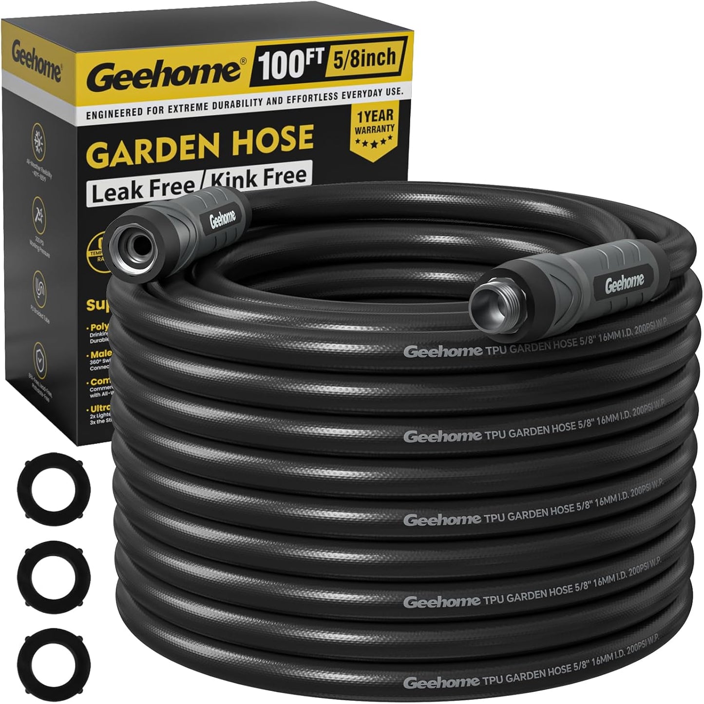 Leader Short Garden Hose, 5 ft x 5/8" Polyurethane Water Hose with Swivel Fittings, Flexible, Lightweight, No-Kink, Leakproof, Burst 600 PSI, Black