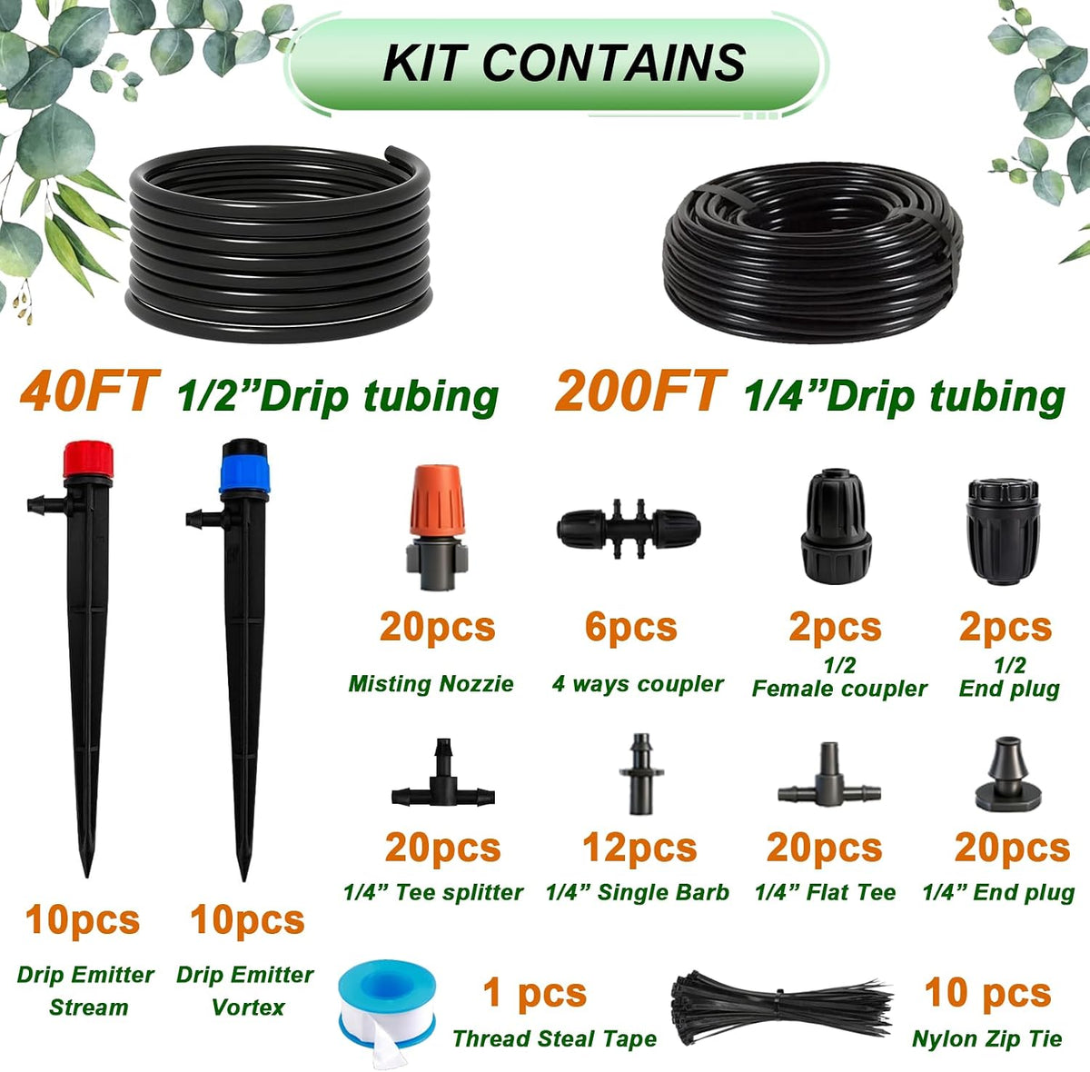 240FT Drip Irrigation System,Irrigation System for Garden with 1/2 inch Hose 1/4 inch Distribution Tubing and Accessories,Drip Irrigation Parts Garden Watering System