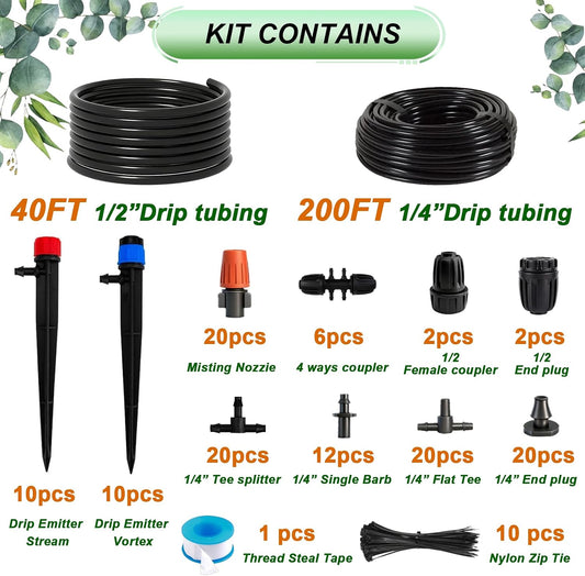 240FT Drip Irrigation System,Irrigation System for Garden with 1/2 inch Hose 1/4 inch Distribution Tubing and Accessories,Drip Irrigation Parts Garden Watering System