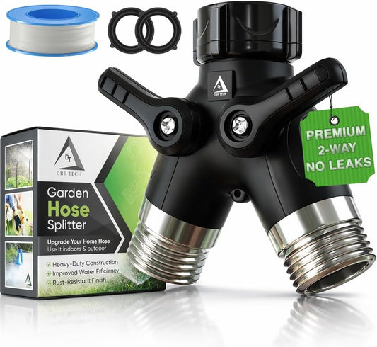 ® Garden Hose Splitter 2 Way Heavy Duty | Faucet Adapter with Long Handle, Outdoor Water Spigot Hose Bib Y Wye Splitter, Dual Outlet Shut Off Valve Hose Connector, Leak Free