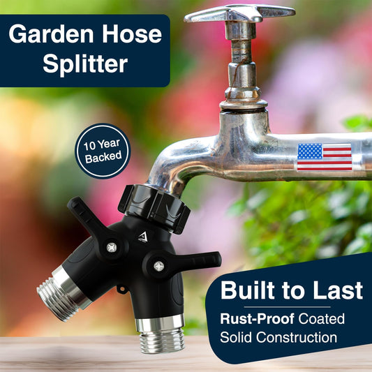 ® Garden Hose Splitter 2 Way Heavy Duty | Faucet Adapter with Long Handle, Outdoor Water Spigot Hose Bib Y Wye Splitter, Dual Outlet Shut Off Valve Hose Connector, Leak Free