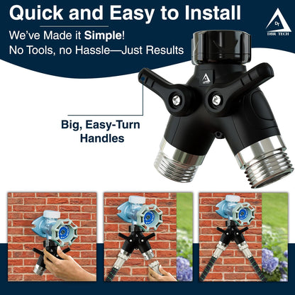 ® Garden Hose Splitter 2 Way Heavy Duty | Faucet Adapter with Long Handle, Outdoor Water Spigot Hose Bib Y Wye Splitter, Dual Outlet Shut Off Valve Hose Connector, Leak Free
