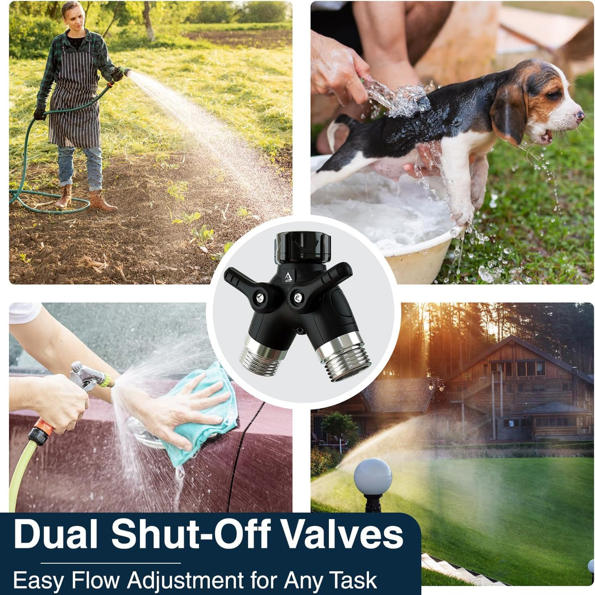 ® Garden Hose Splitter 2 Way Heavy Duty | Faucet Adapter with Long Handle, Outdoor Water Spigot Hose Bib Y Wye Splitter, Dual Outlet Shut Off Valve Hose Connector, Leak Free