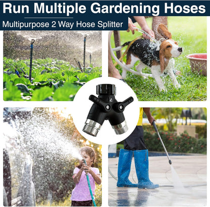 ® Garden Hose Splitter 2 Way Heavy Duty | Faucet Adapter with Long Handle, Outdoor Water Spigot Hose Bib Y Wye Splitter, Dual Outlet Shut Off Valve Hose Connector, Leak Free