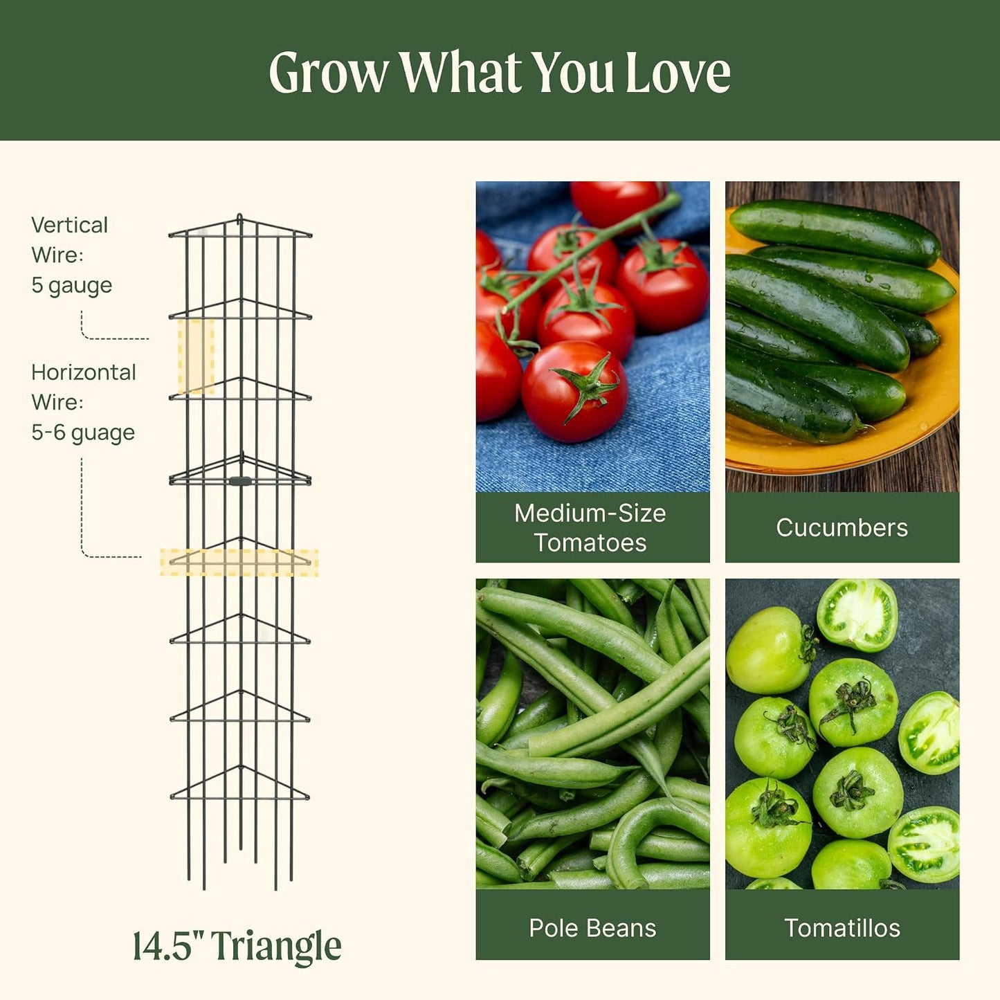 Vego 3-Panel Tomato Cage for Garden & Pots, Rust-Resistant Tomato Stakes Plant Cage Trellis Support for Climbing Vegetables Plants- 11.5" Triangle 4 Pack
