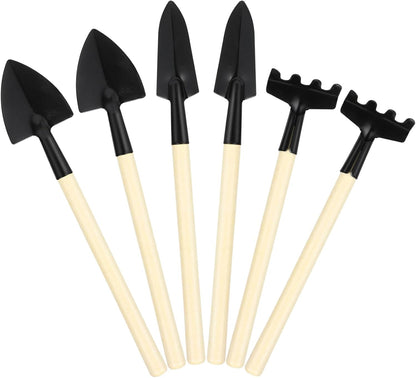 Mini Gardening Tools Set 6pcs with Hand Shovel, Rake, and Transplant Trowel Wooden Handle for Succulent Planting and Flower Garden Weeding