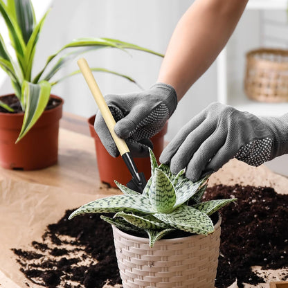 Mini Gardening Tools Set 6pcs with Hand Shovel, Rake, and Transplant Trowel Wooden Handle for Succulent Planting and Flower Garden Weeding
