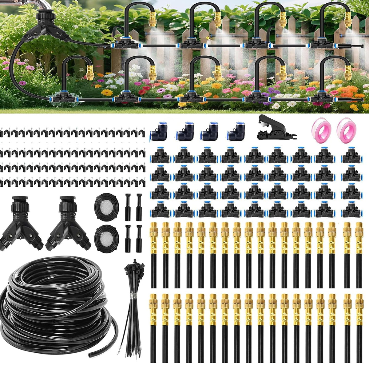 Drip Irrigation System with Brass Nozzles – 2026 Upgrade 100FT Garden Watering Kit with 20Pcs 360° Adjustable Misting Sprinklers Quick Connect Fittings for Raised Beds, Lawn, Patio