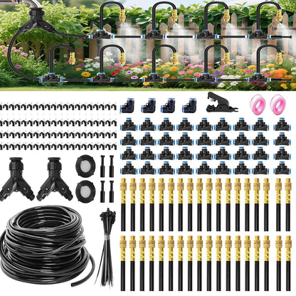 Drip Irrigation System with Brass Nozzles – 2026 Upgrade 100FT Garden Watering Kit with 20Pcs 360° Adjustable Misting Sprinklers Quick Connect Fittings for Raised Beds, Lawn, Patio