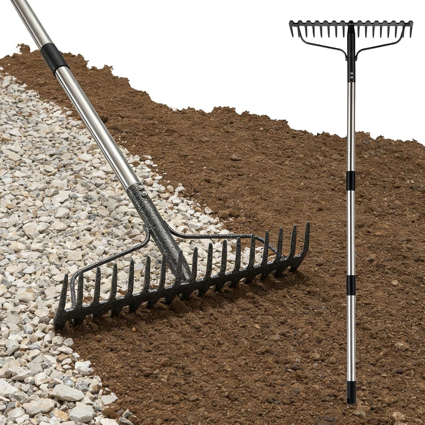 4FT Bow Rake,Heavy Duty Metal Garden Rake for Moving Gravel Loosening Soil Leveling Ground Gathering Leaf Debris Spreading Mulch, 17 Tines,Adjustable Handle, for Lawn Garden Farm Landscape Work