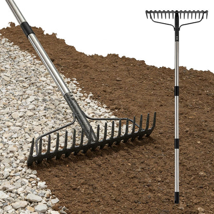 4FT Bow Rake,Heavy Duty Metal Garden Rake for Moving Gravel Loosening Soil Leveling Ground Gathering Leaf Debris Spreading Mulch, 17 Tines,Adjustable Handle, for Lawn Garden Farm Landscape Work