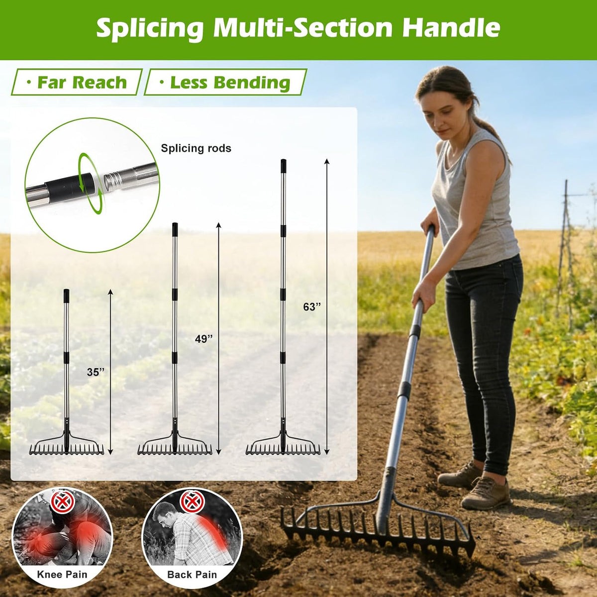 4FT Bow Rake,Heavy Duty Metal Garden Rake for Moving Gravel Loosening Soil Leveling Ground Gathering Leaf Debris Spreading Mulch, 17 Tines,Adjustable Handle, for Lawn Garden Farm Landscape Work