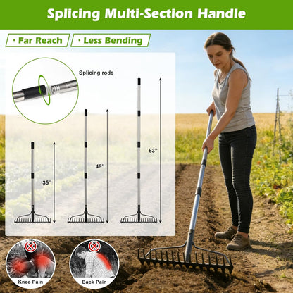 4FT Bow Rake,Heavy Duty Metal Garden Rake for Moving Gravel Loosening Soil Leveling Ground Gathering Leaf Debris Spreading Mulch, 17 Tines,Adjustable Handle, for Lawn Garden Farm Landscape Work