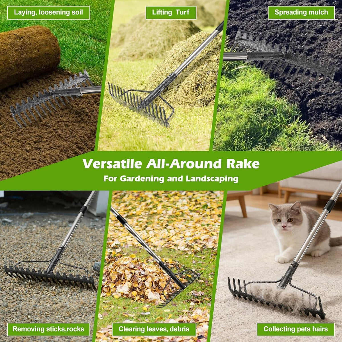 4FT Bow Rake,Heavy Duty Metal Garden Rake for Moving Gravel Loosening Soil Leveling Ground Gathering Leaf Debris Spreading Mulch, 17 Tines,Adjustable Handle, for Lawn Garden Farm Landscape Work