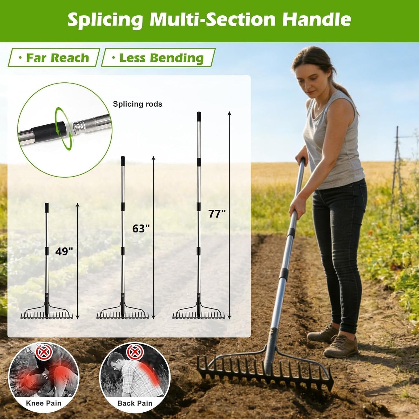 4FT Bow Rake,Heavy Duty Metal Garden Rake for Moving Gravel Loosening Soil Leveling Ground Gathering Leaf Debris Spreading Mulch, 17 Tines,Adjustable Handle, for Lawn Garden Farm Landscape Work