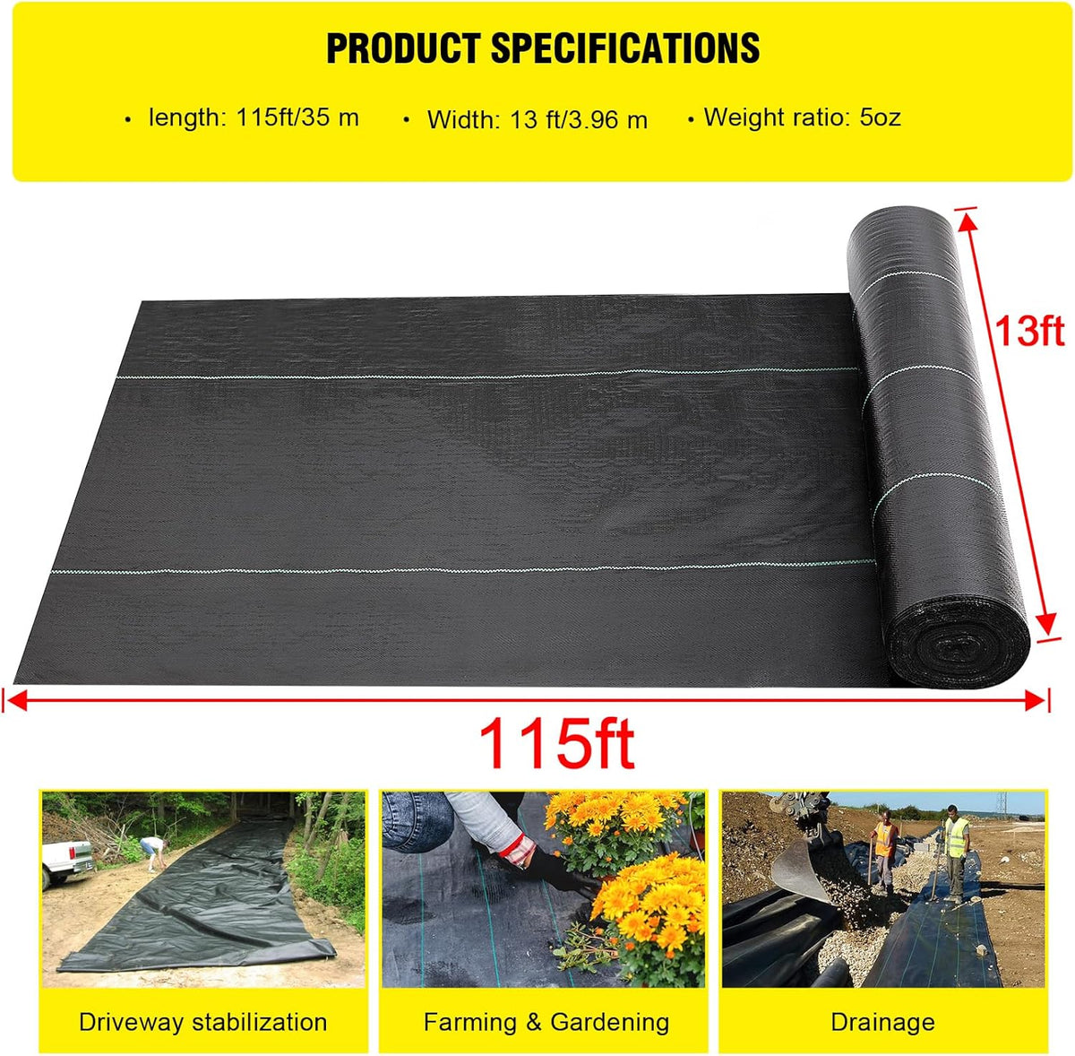 Driveway Fabric,13x115 ft Road Fabric Commercial Weed Barrier Fabric, Landscape Fabric Heavy Duty 5OZ French Drain Fabric for Erosion Control,Landscape Fabric,Weed Barrier,Construction Projects