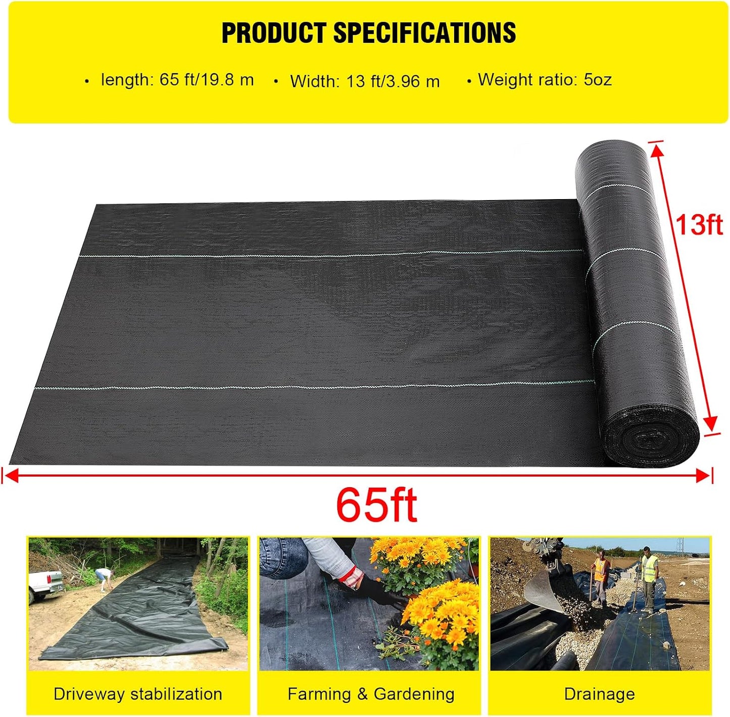 Driveway Fabric,13x115 ft Road Fabric Commercial Weed Barrier Fabric, Landscape Fabric Heavy Duty 5OZ French Drain Fabric for Erosion Control,Landscape Fabric,Weed Barrier,Construction Projects