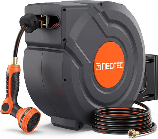 Upgraded Retractable Garden Hose Reel 1/2 inch x 130 ft 9 Pattern Nozzle Heavy Duty Wall-Mounted Any Length Lock Automatic Slow Return 180° Swivel UV Resistant Hose Reels for Outside