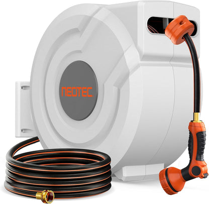 Upgraded Retractable Garden Hose Reel 1/2 inch x 130 ft 9 Pattern Nozzle Heavy Duty Wall-Mounted Any Length Lock Automatic Slow Return 180° Swivel UV Resistant Hose Reels for Outside