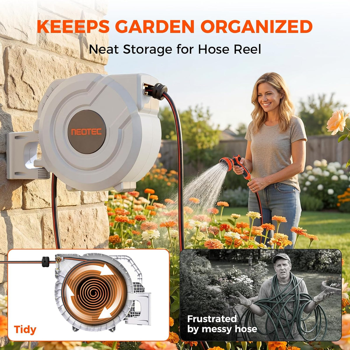Upgraded Retractable Garden Hose Reel 1/2 inch x 130 ft 9 Pattern Nozzle Heavy Duty Wall-Mounted Any Length Lock Automatic Slow Return 180° Swivel UV Resistant Hose Reels for Outside