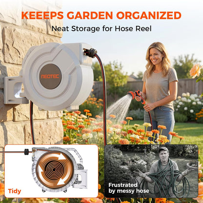 Upgraded Retractable Garden Hose Reel 1/2 inch x 130 ft 9 Pattern Nozzle Heavy Duty Wall-Mounted Any Length Lock Automatic Slow Return 180° Swivel UV Resistant Hose Reels for Outside