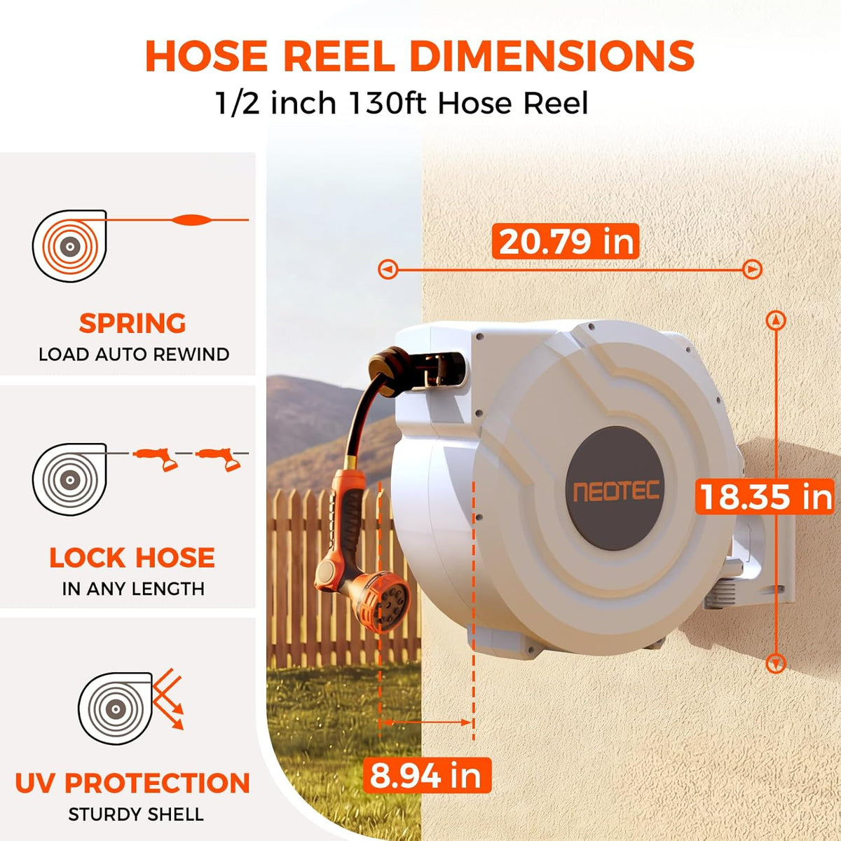 Upgraded Retractable Garden Hose Reel 1/2 inch x 130 ft 9 Pattern Nozzle Heavy Duty Wall-Mounted Any Length Lock Automatic Slow Return 180° Swivel UV Resistant Hose Reels for Outside