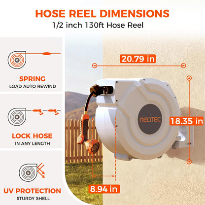Upgraded Retractable Garden Hose Reel 1/2 inch x 130 ft 9 Pattern Nozzle Heavy Duty Wall-Mounted Any Length Lock Automatic Slow Return 180° Swivel UV Resistant Hose Reels for Outside