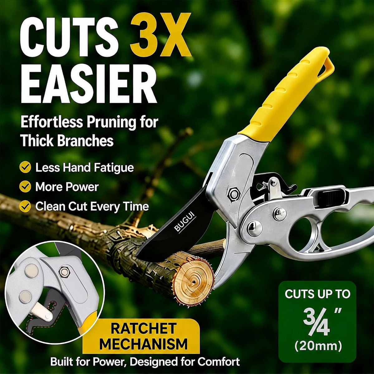8" Ratchet Pruning Shears, 3-Stage Ratchet Mechanism Helps Reduce Hand Effort, Cuts Branches Up to 3/4", Garden Pruner for Trees, Shrubs & Roses