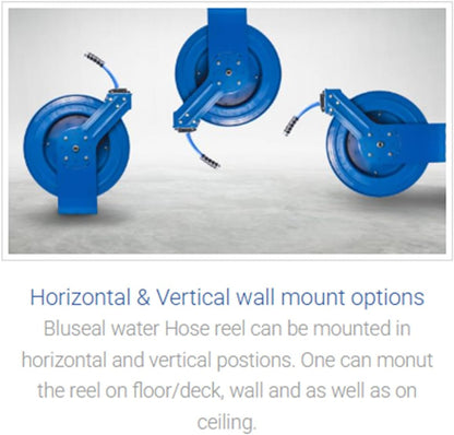 BLUSEAL BSWR5850 Retractable Hose Reel with 5/8" x 50' Hot Water Rubber Hose, 6' Lead-in, 500 PSI, Brass Fittings, Swivel Mount Hose Reel, 9 Pattern Spray Nozzle