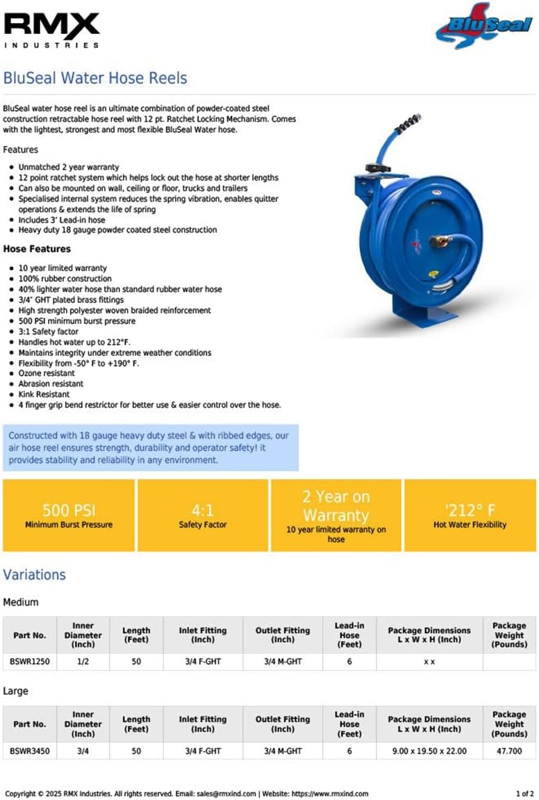 BLUSEAL BSWR5850 Retractable Hose Reel with 5/8" x 50' Hot Water Rubber Hose, 6' Lead-in, 500 PSI, Brass Fittings, Swivel Mount Hose Reel, 9 Pattern Spray Nozzle