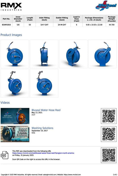BLUSEAL BSWR5850 Retractable Hose Reel with 5/8" x 50' Hot Water Rubber Hose, 6' Lead-in, 500 PSI, Brass Fittings, Swivel Mount Hose Reel, 9 Pattern Spray Nozzle