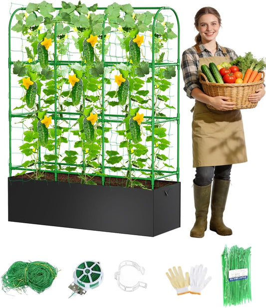 Cucumber Trellis with for Climbing Plants, Garden Trellis with Grow Bags, Metal Plant Trellis with Garden Netting for Vegetables Flowers Fruits (U-4 Arches)
