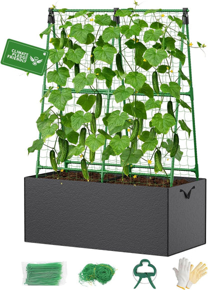 Cucumber Trellis with for Climbing Plants, Garden Trellis with Grow Bags, Metal Plant Trellis with Garden Netting for Vegetables Flowers Fruits (U-4 Arches)
