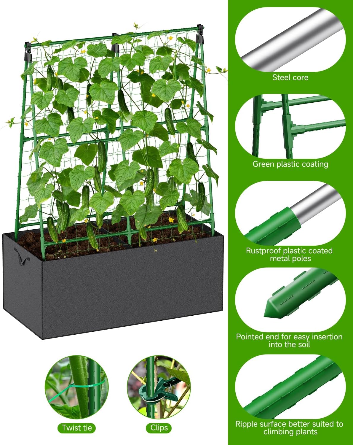 Cucumber Trellis with for Climbing Plants, Garden Trellis with Grow Bags, Metal Plant Trellis with Garden Netting for Vegetables Flowers Fruits (U-4 Arches)