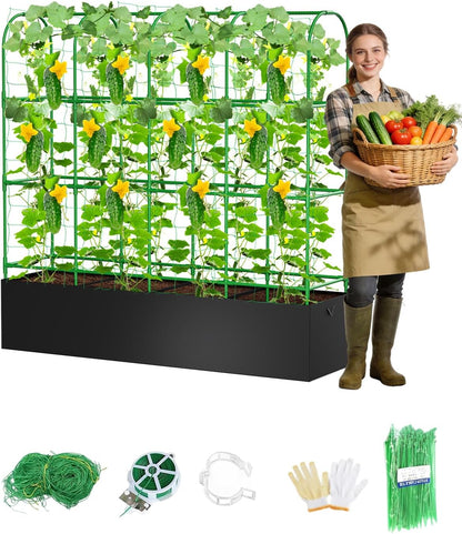 Cucumber Trellis with for Climbing Plants, Garden Trellis with Grow Bags, Metal Plant Trellis with Garden Netting for Vegetables Flowers Fruits (U-4 Arches)