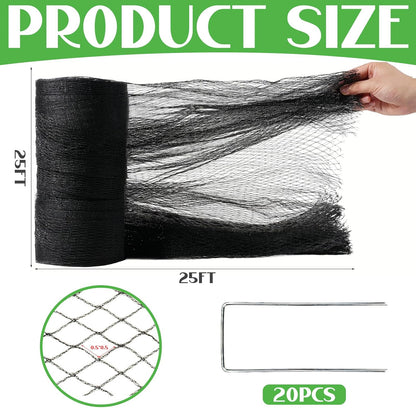 25x25FT Bird Netting for Garden,Heavy Duty Bird Netting for Chicken Coop with Ties and Staples for Vegetable, Fruit Trees,Plants, Lasting Against Birds Deer Squirrels and Poultry (Black)