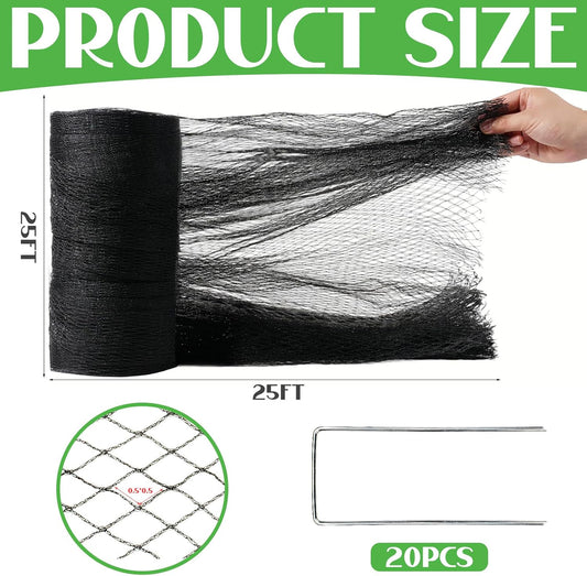 25x25FT Bird Netting for Garden,Heavy Duty Bird Netting for Chicken Coop with Ties and Staples for Vegetable, Fruit Trees,Plants, Lasting Against Birds Deer Squirrels and Poultry (Black)