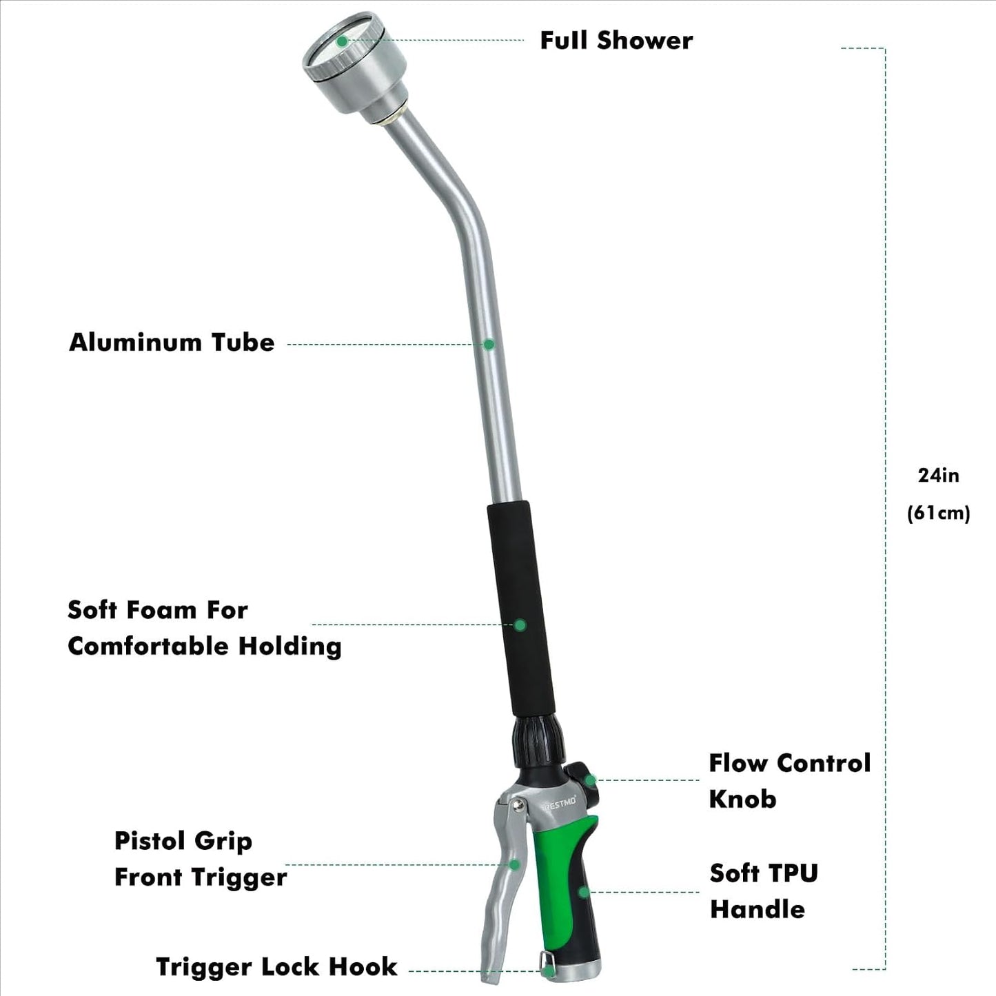 24 Inches Long Watering Wand for Garden Hose, Full Shower Spray Wand