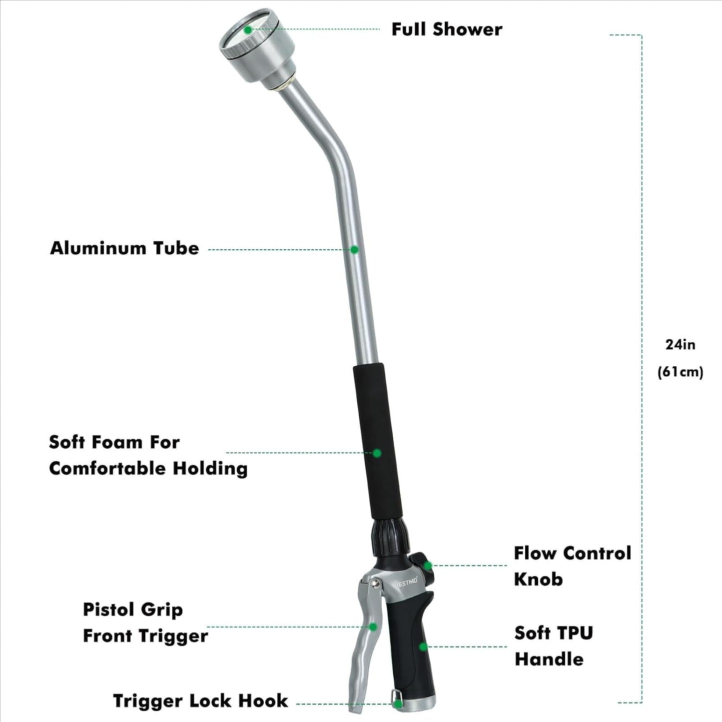 24 Inches Long Watering Wand for Garden Hose, Full Shower Spray Wand